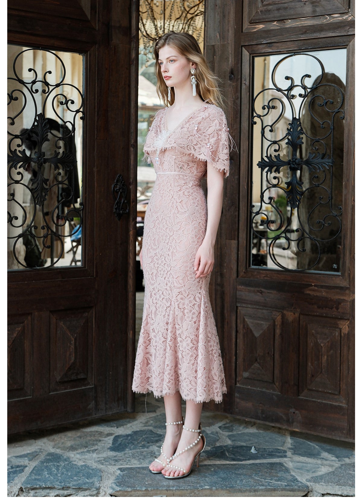 SHEERLUCK Pink V-Neck Lace Shawl-Trimmed Strapless Maxi Dress