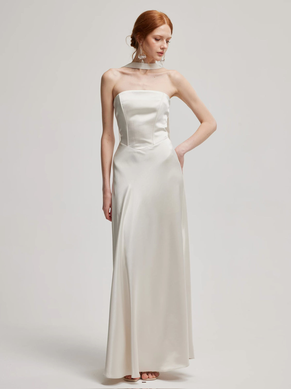 White Strapless Corset Halter Satin A-Line Maxi Dress