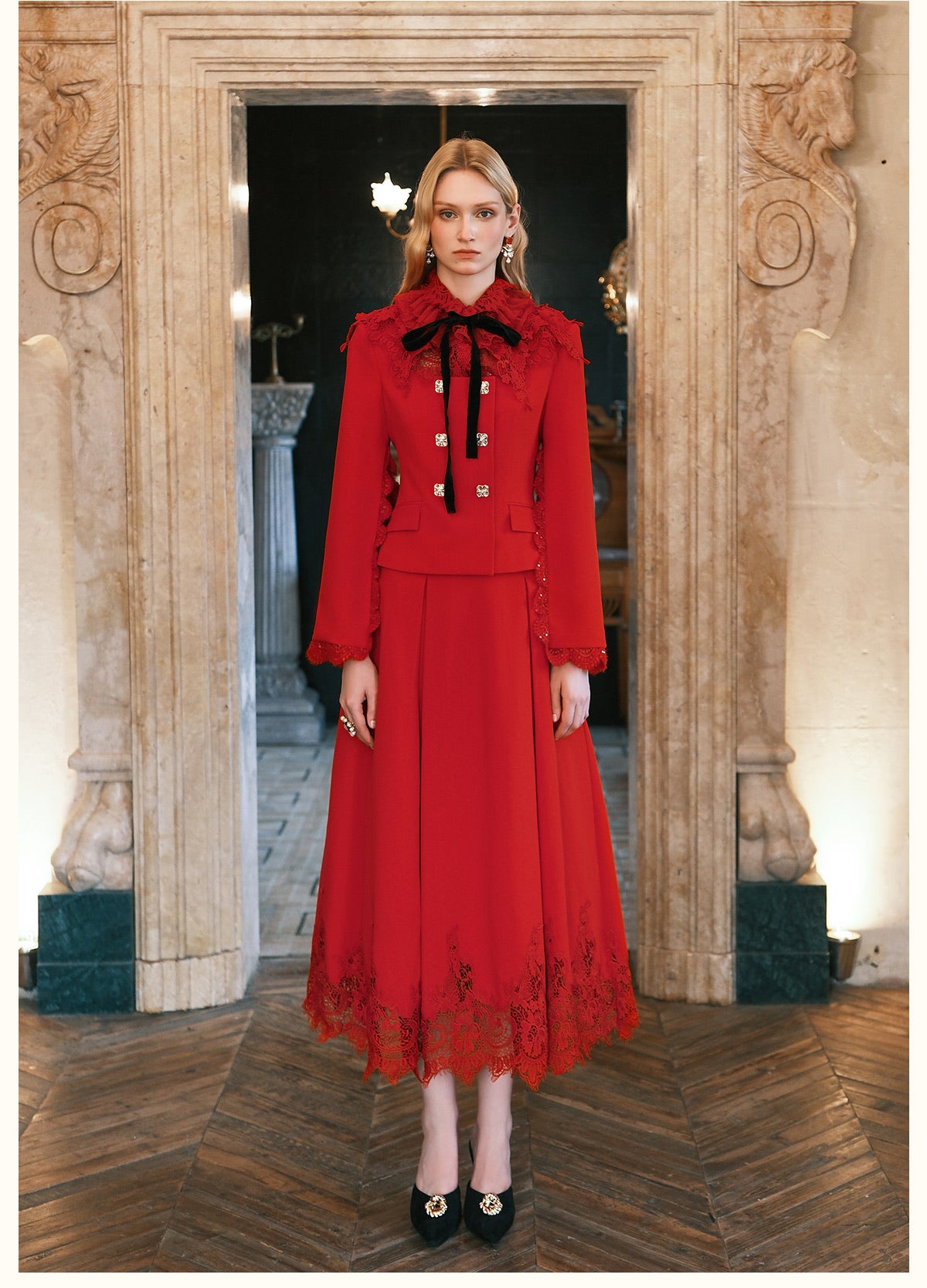 SHEERLUCK Black Mirage Vintage Stand Collar Lace & Diamond-embellished Jacket & Skirt