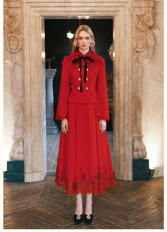 SHEERLUCK Red Mirage Vintage Stand Collar Lace & Diamond-embellished Jacket & Skirt