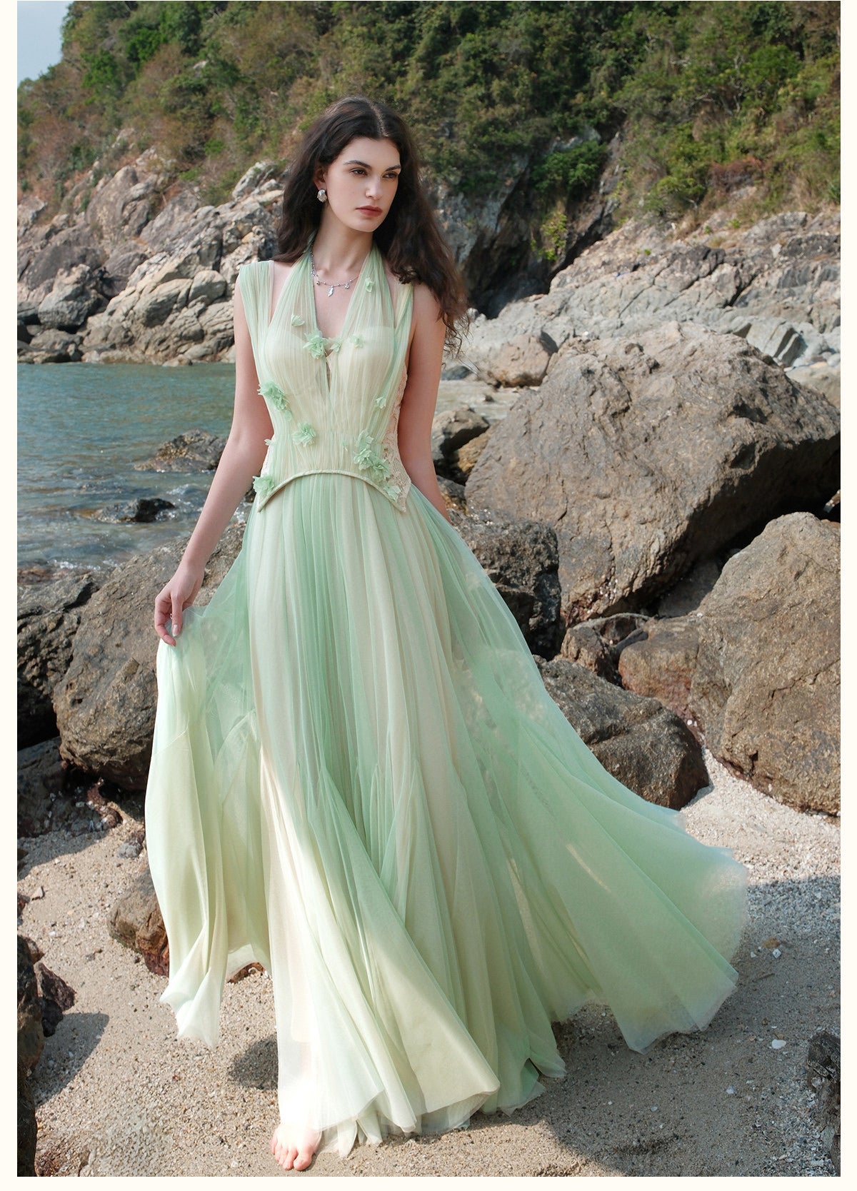 SHEERLUCK Green Elegant Tidal Lace Layer Maxi Dress