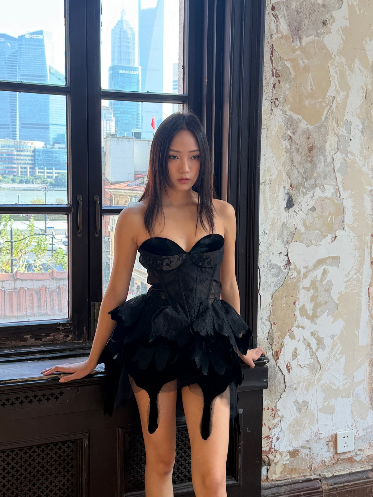 Black Lace Feather Corset Petal Mini Dress