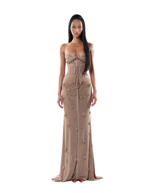 HUELLEY ROSE Brown & Pink Lsla Maxi Dress