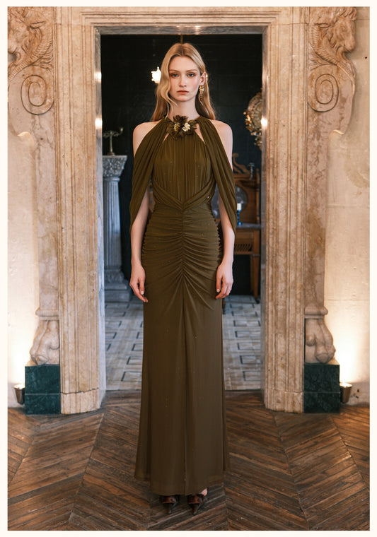 SHEERLUCK Green Deva Halter Neck Shawl Maxi Dress