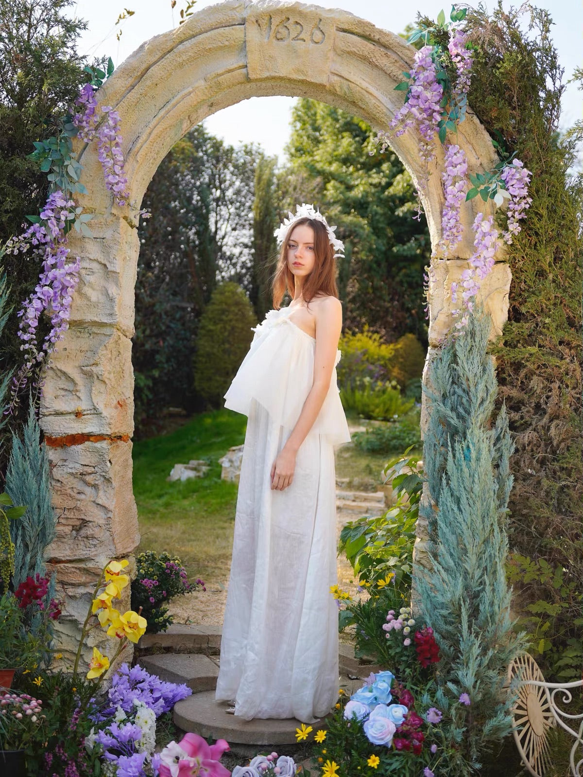 White Off Shoulder 3D Floral Linen Maxi Dress