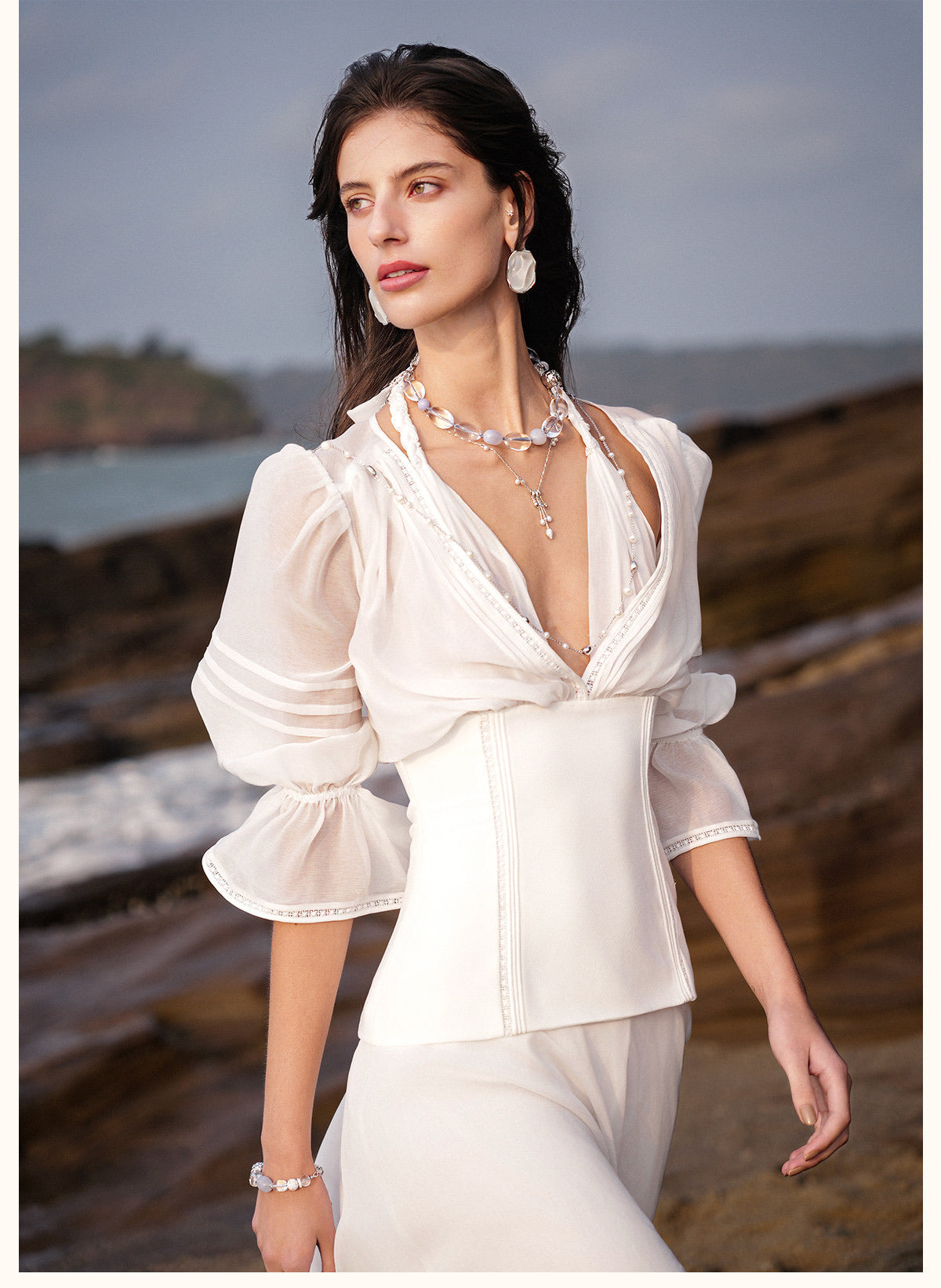 Sheerluck Elegant Vacation White Palazzo V-neck Maxi Dress