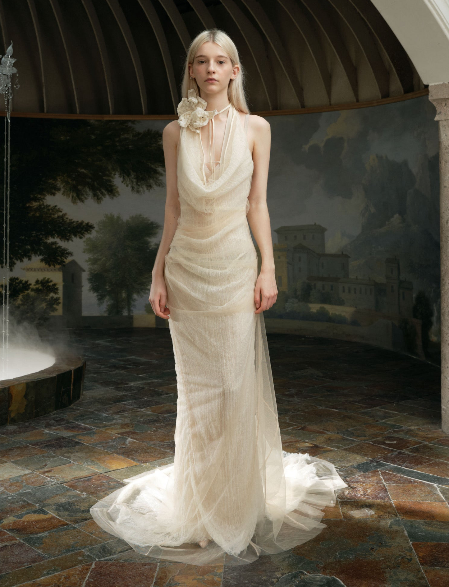 Cream Sheer Tulle Floral Halter Cowl Draped Train Maxi Dress