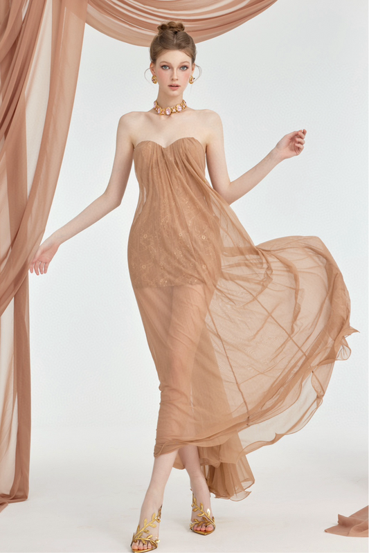 SHEERLUCK BLUE & PINK & NUDE & BROWN MAXI VACATION DRESS