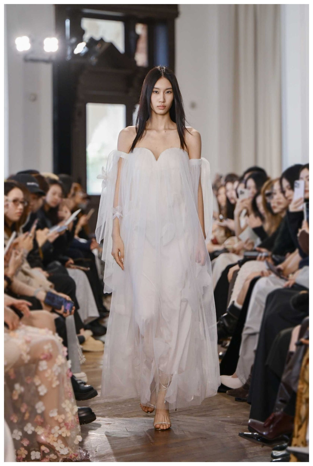 White Off-Shoulder Puff Sleeve Tulle Maxi Dress