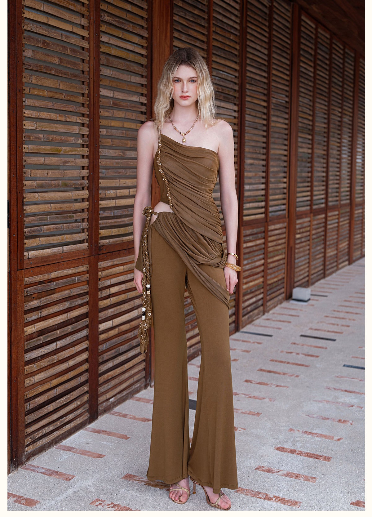 Sheerluck Elegant Vacation Nude Drapella Lace-Braided Pleated Top & Flared Pants Set