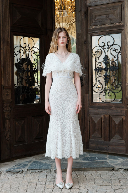 SHEERLUCK White V-Neck Lace Shawl-Trimmed Strapless Maxi Dress