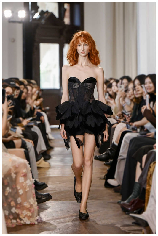 Black Lace Feather Corset Petal Mini Dress