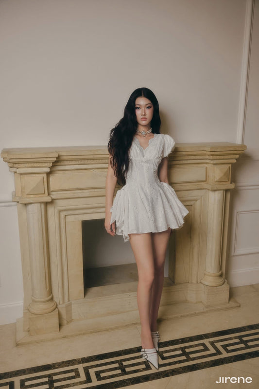 White Textured Puff‑Sleeve V‑Neck Mini Dress