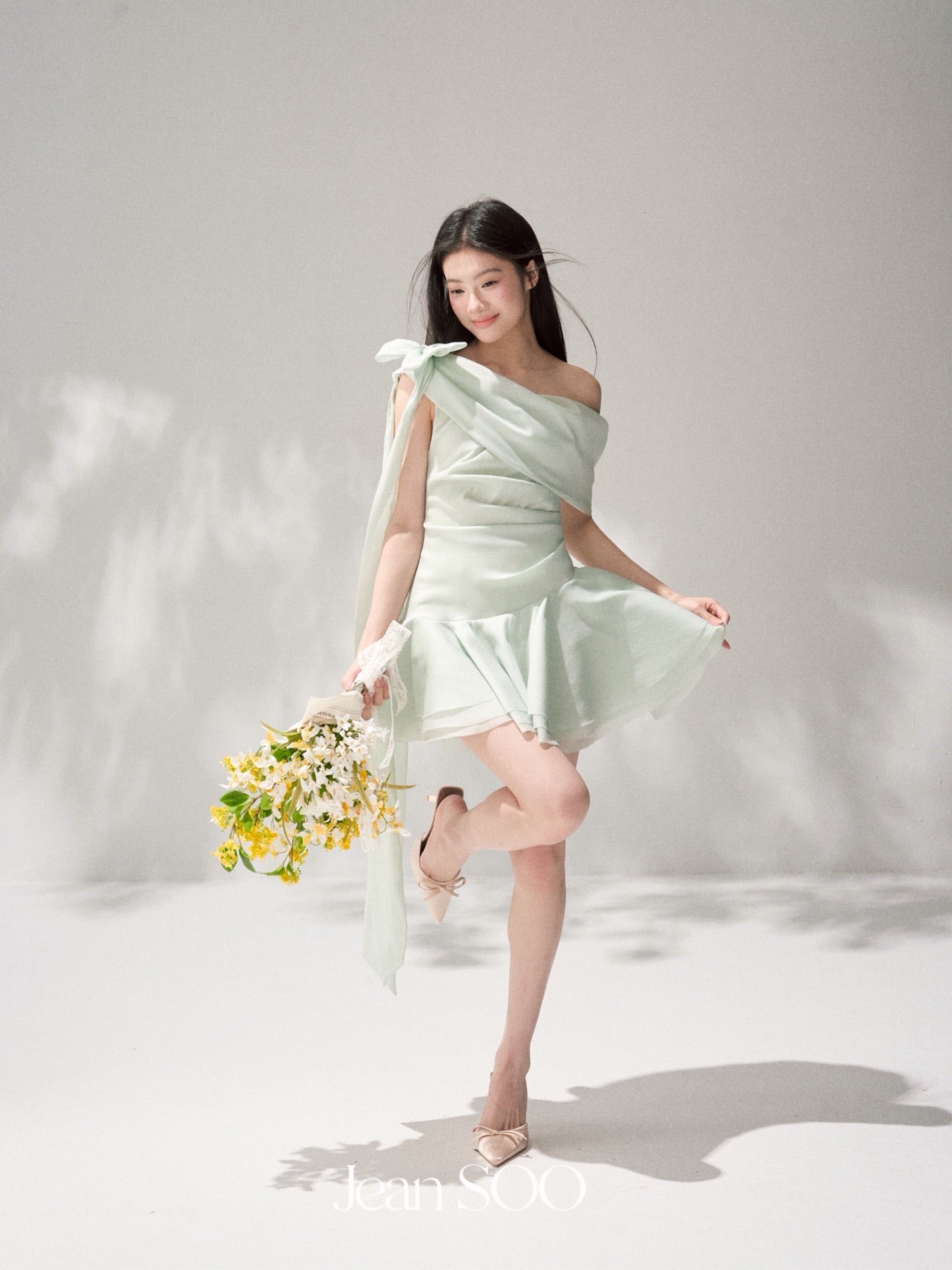 JEAN SOO Sweet Vacation Pink Satin Slopeing Shoulder Mini Dress