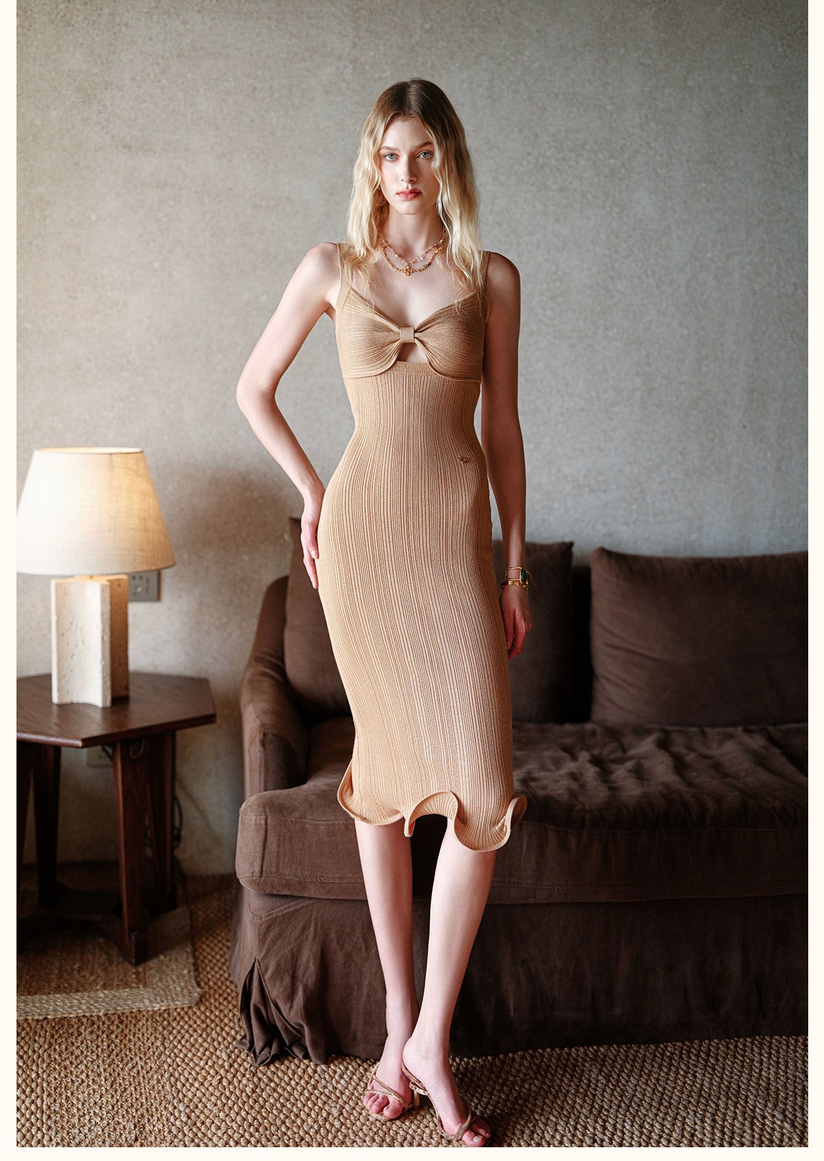 Sheerluck Elegant Vacation Cream Sculpt Bow Midi Dress