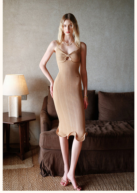 SHEERLUCK Elegant Vacation Brown Sculpt Bow Midi Dress