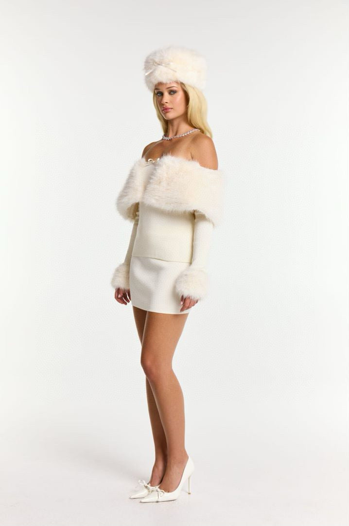 Nana Jacqueline White Fur Knit Top Mini SKIRKT