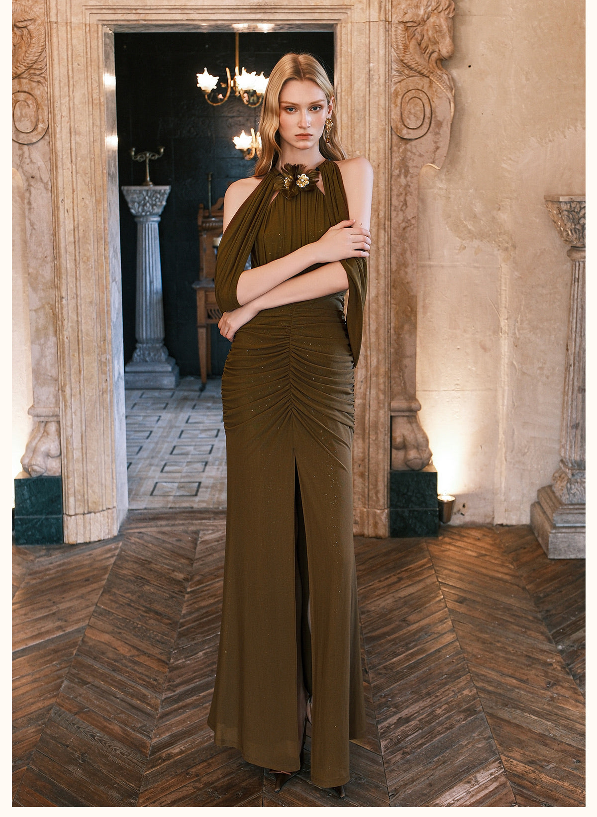 SHEERLUCK Green Deva Halter Neck Shawl Maxi Dress