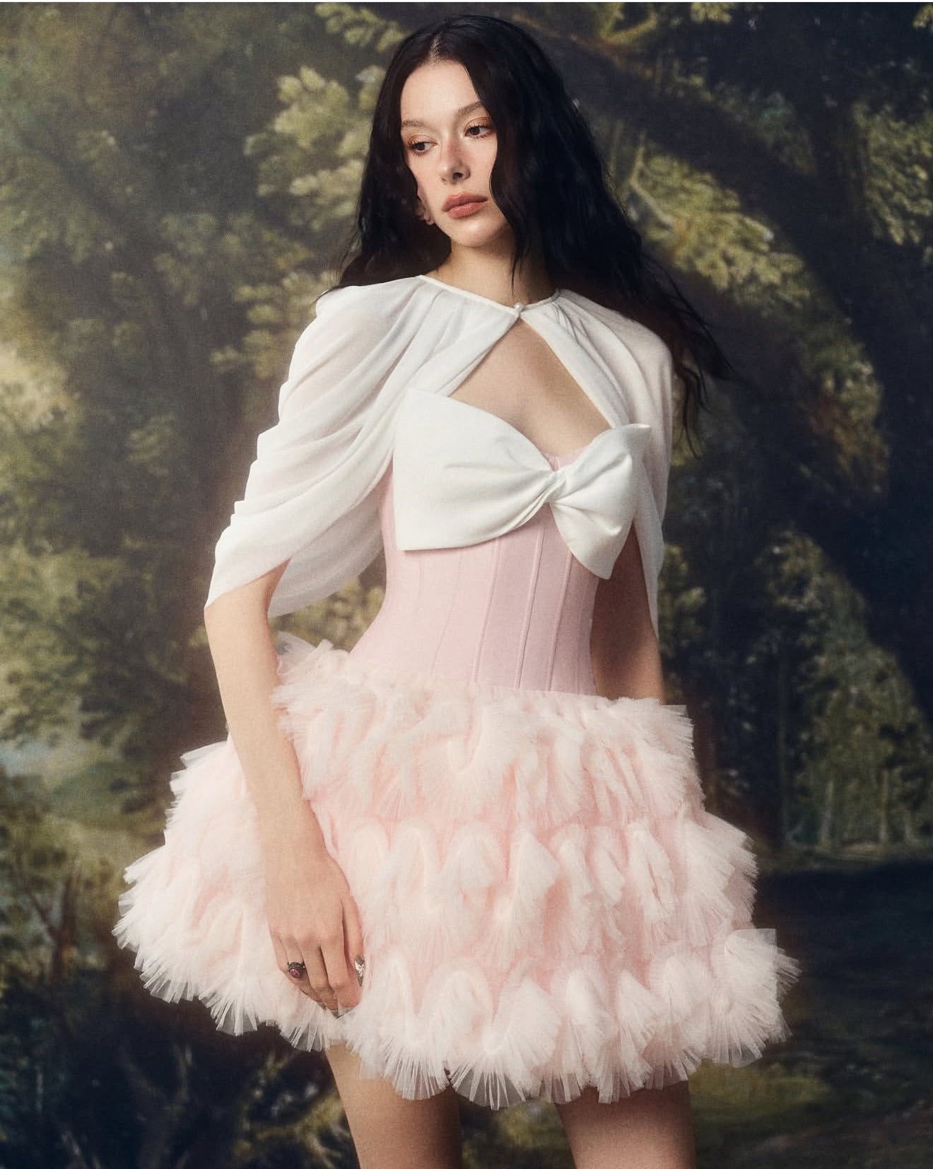 LINHPHUNG Pink Bow Gauze Efflora Mini Dress