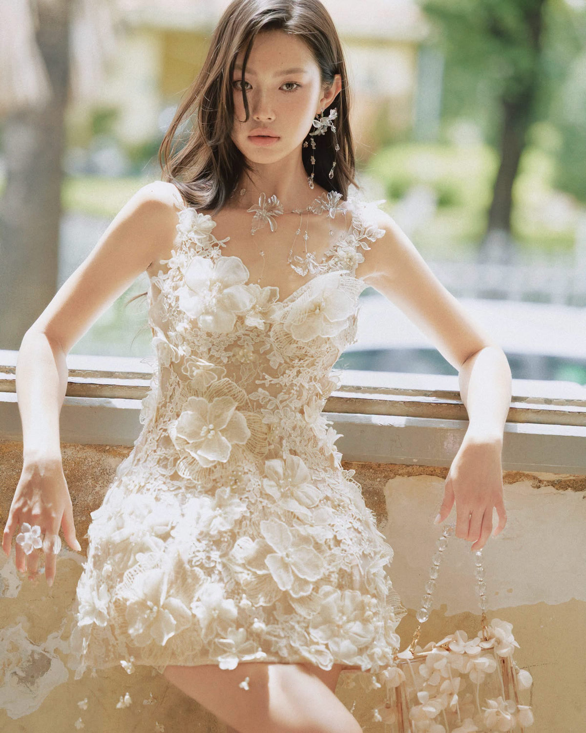 White 3D Floral Lace Pearl Rhinestone Sheer Spaghetti-Strap Brielle Mini Dress