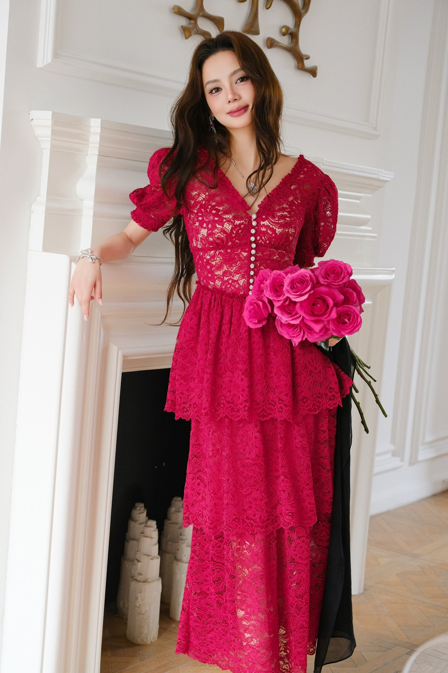 MASION WESTER Rose Red Lace Maxi Dress