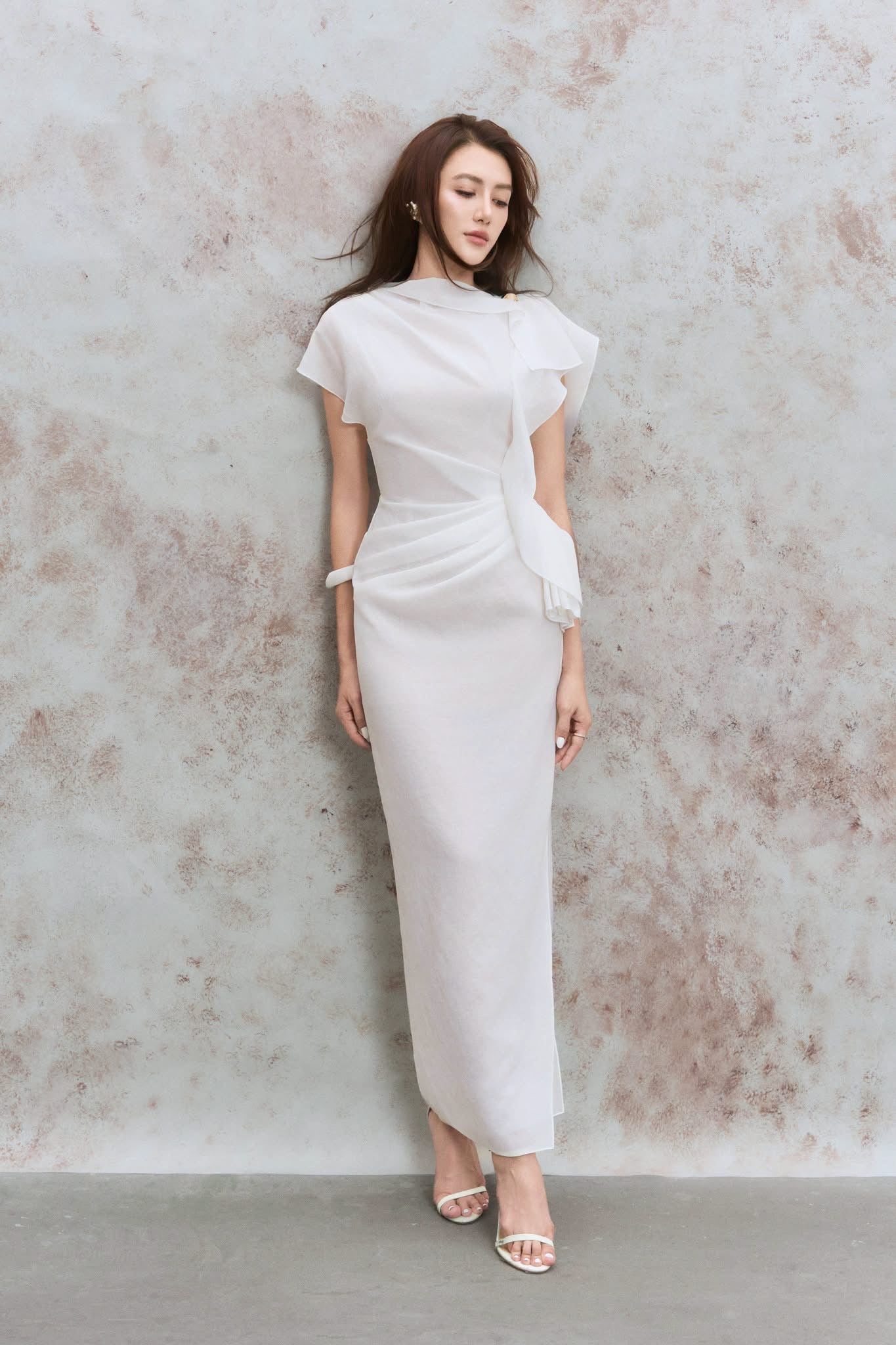 DENIO White Sylphy Asymmetric Side-Slit Sculpted Maxi Dress