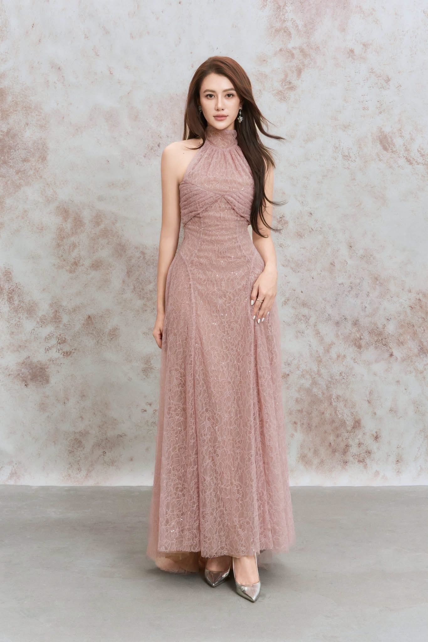 DENIO Pink Lynx Tiered Lace Maxi Dress