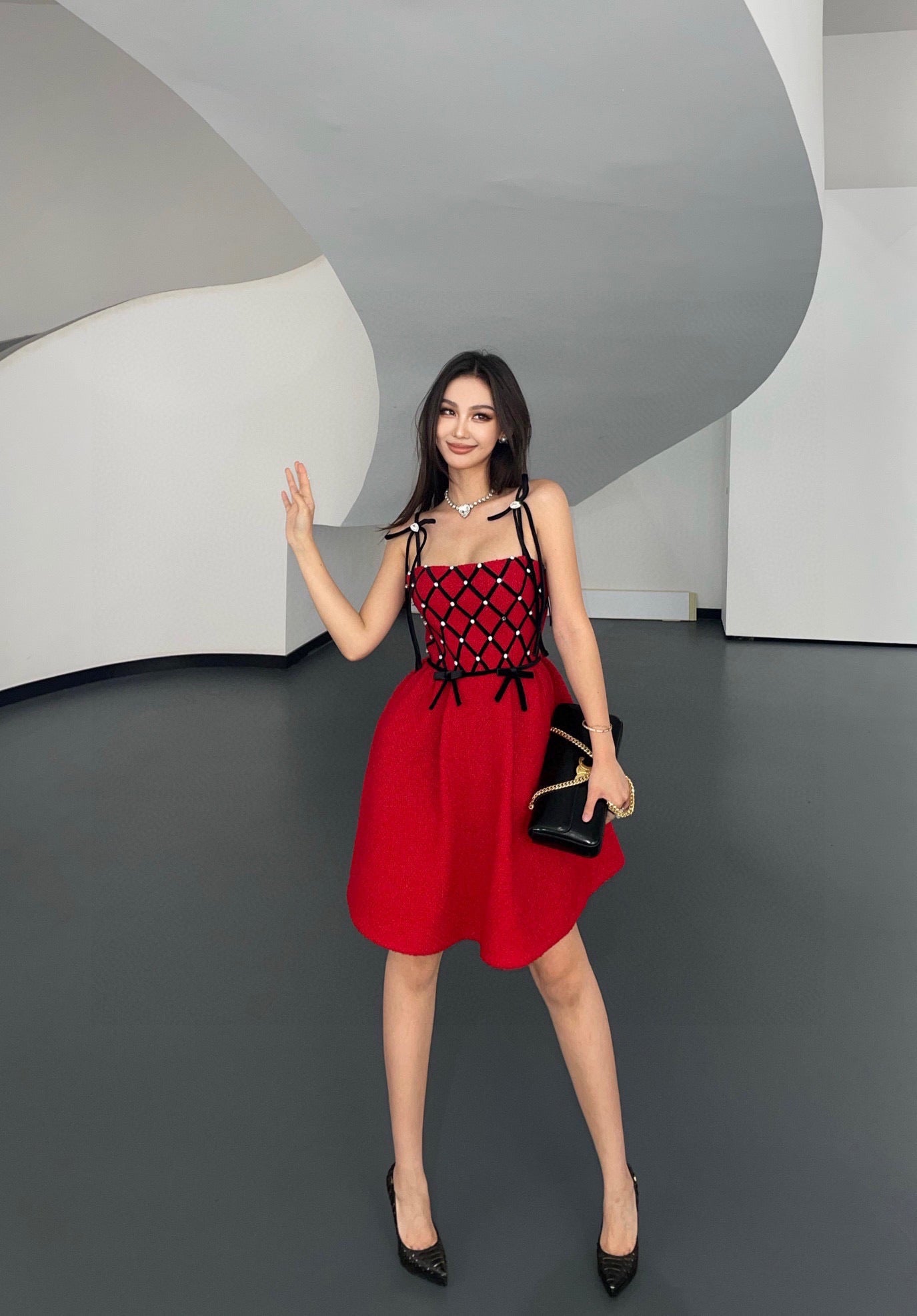 MASION WESTER Red Bow Mini Dress