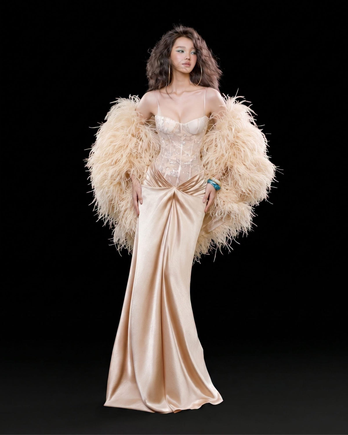 Champagne Lace Corset Satin Twist Trumpet Maxi Dress