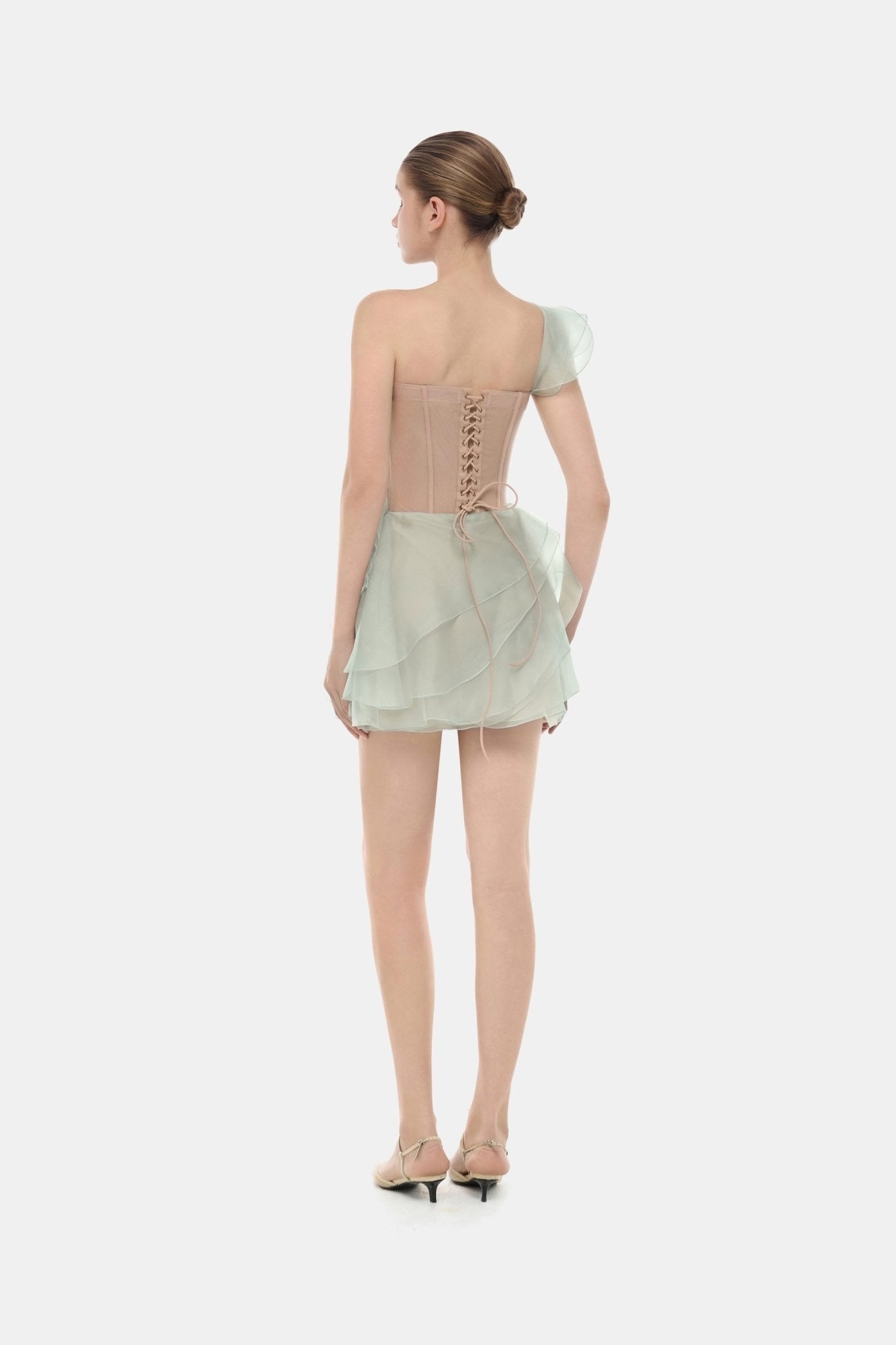 MONTSAND Green Vacation Elegant Ruffle One-shoulder Mini Dress