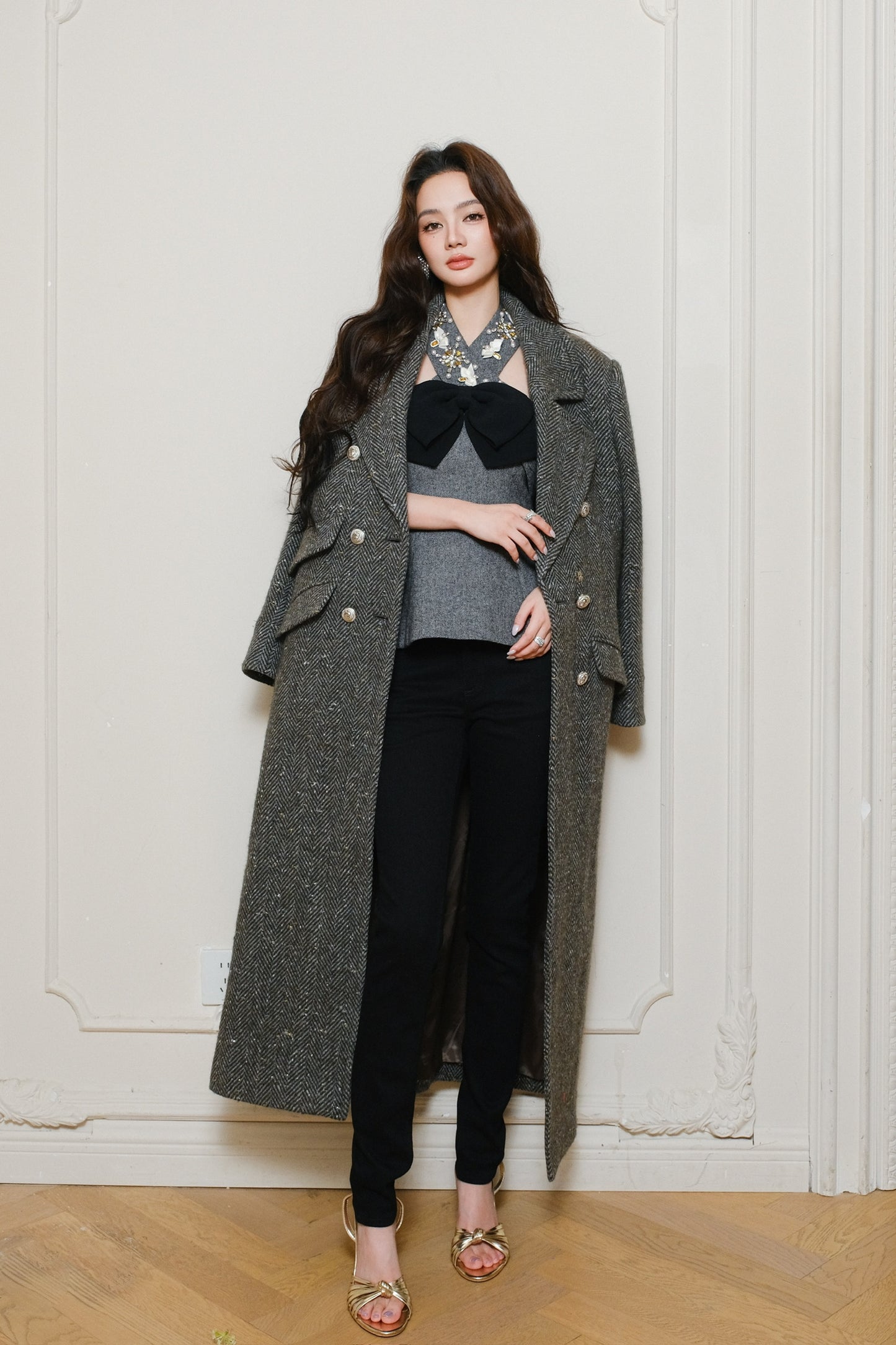 Maison Wester Grey Patterned Double-Button Long Coat