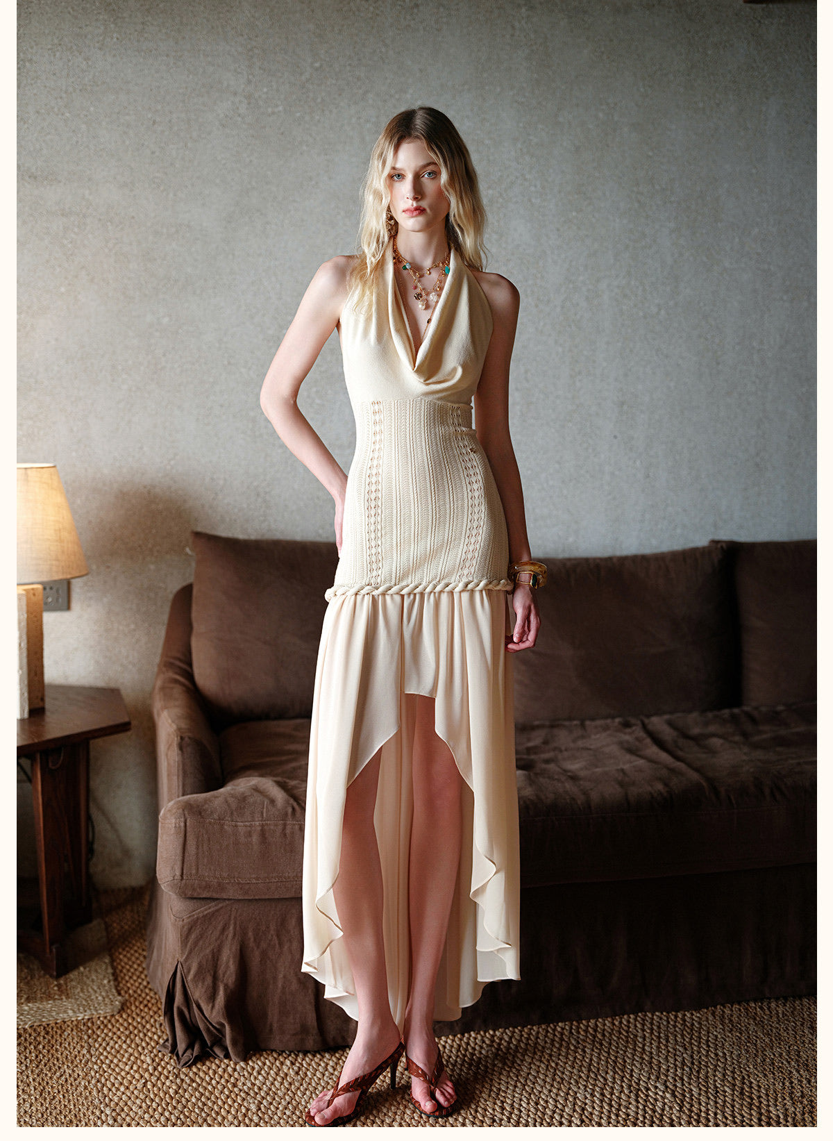 Cream Draped Halter Knit High-Low Chiffon Maxi Dress