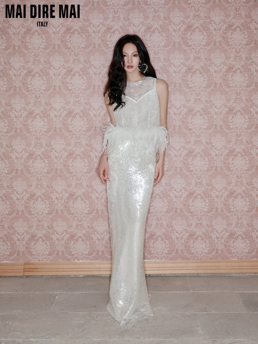 MAI DIRE MAI White Sparkling Fairy Feather Sequinned Top & Skirt