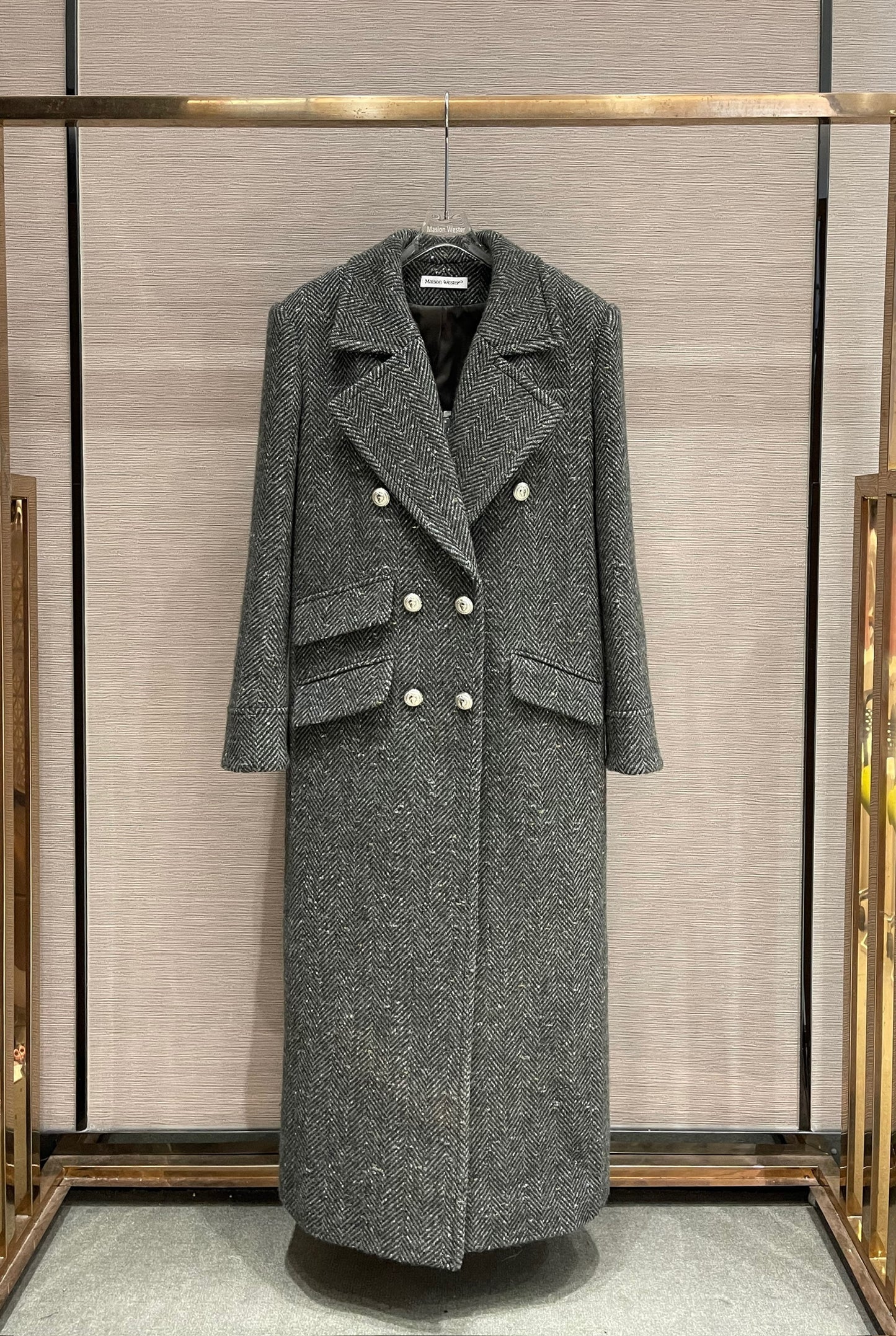 Maison Wester Grey Patterned Double-Button Long Coat