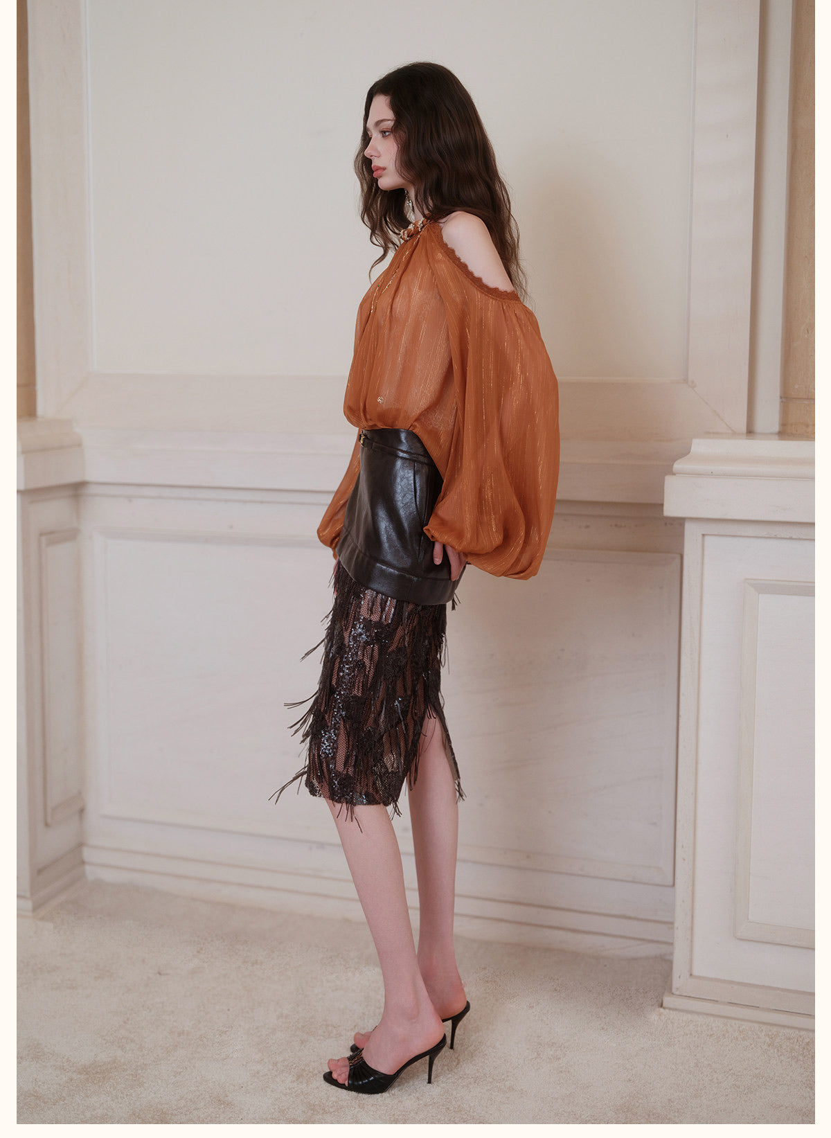 Cream Halter Off-Shoulder Lantern-Sleeve Metallic Shirt