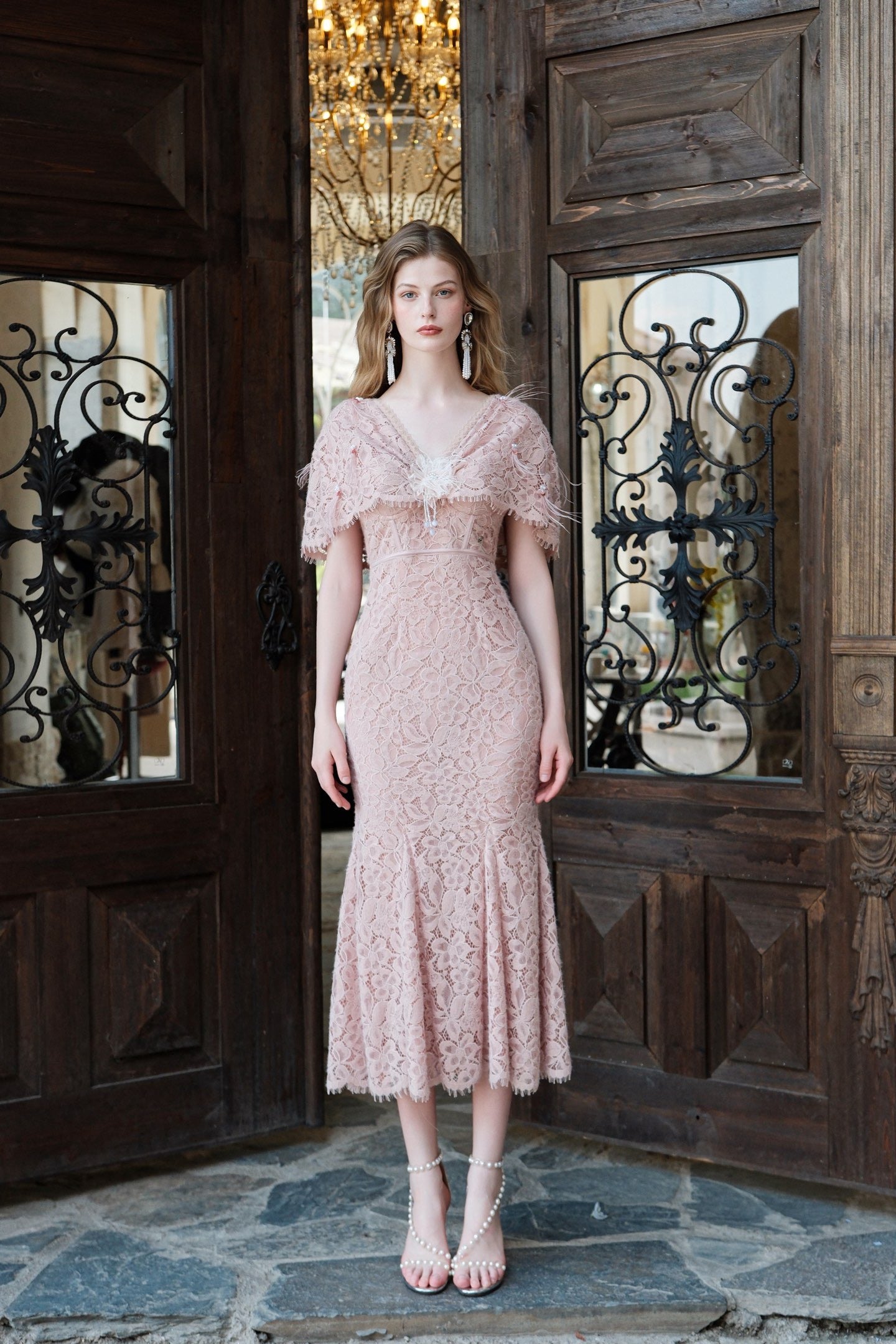 SHEERLUCK Pink V-Neck Lace Shawl-Trimmed Strapless Maxi Dress