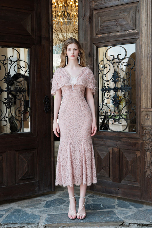 SHEERLUCK Pink V-Neck Lace Shawl-Trimmed Strapless Maxi Dress