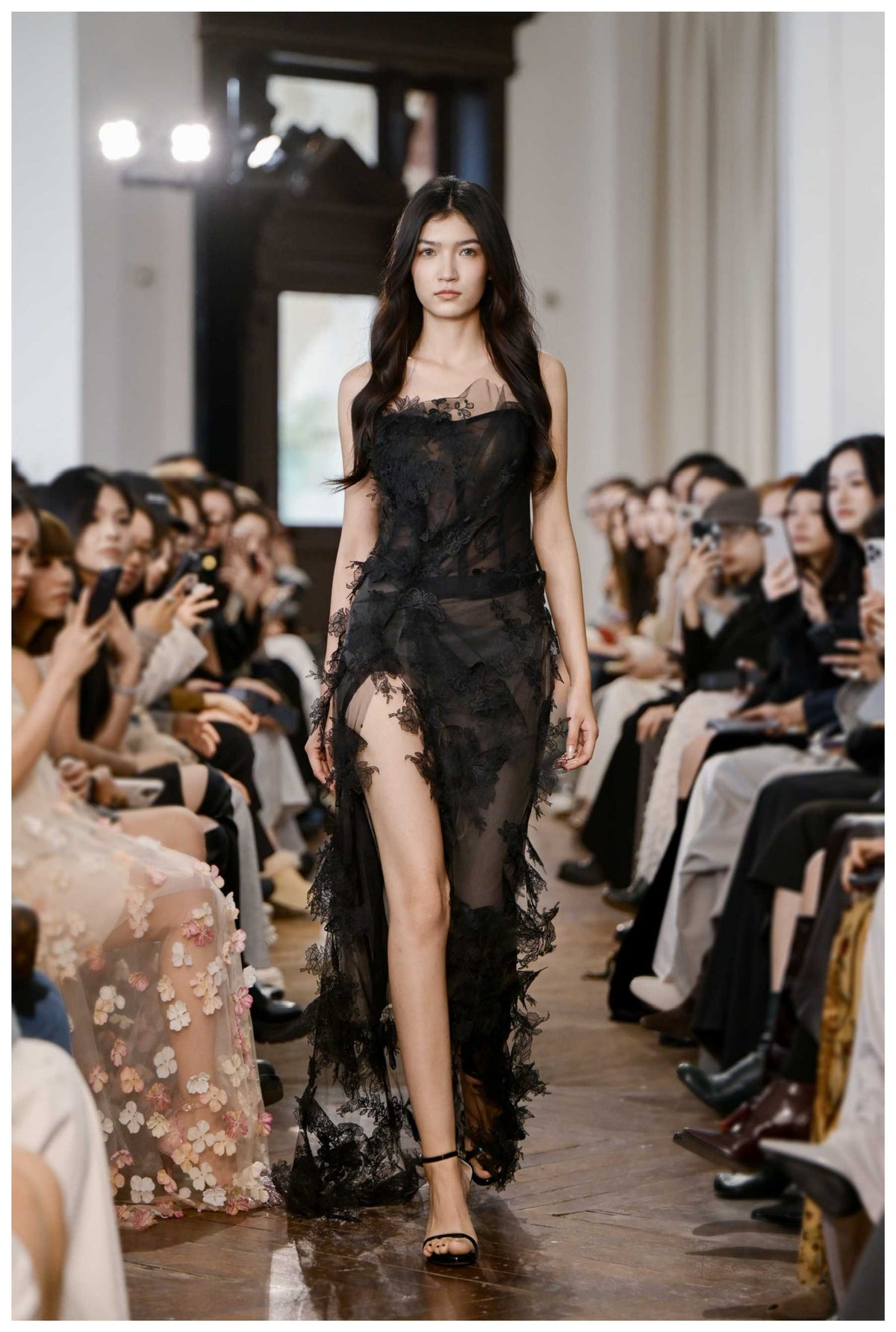 Black Strapless 3D Lace Slit Maxi Dress
