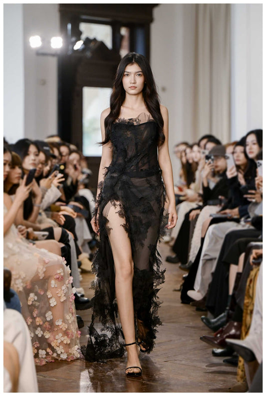 Black Strapless 3D Lace Slit Maxi Dress