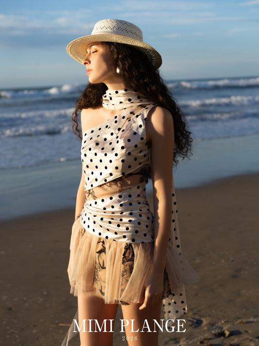 MIMI PLANGE Vacation Sweet White Polka Dot Sketch Patchwork Asymmetric Deconstructed Mini Dress