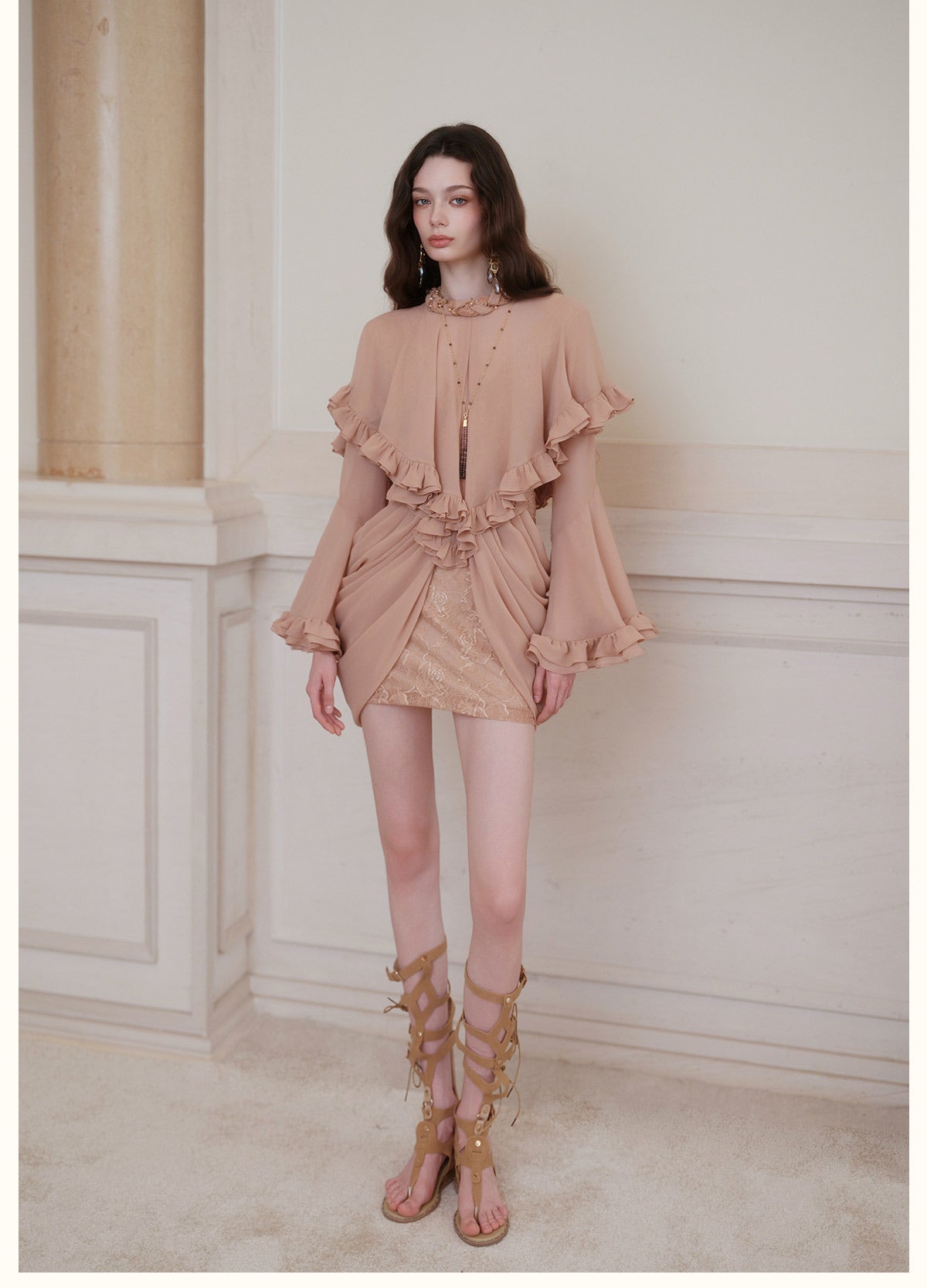 Black High-Neck Beaded Ruffle Bell-Sleeve Chiffon Overlay with Lace Mini Dress