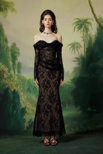 Black Off-Shoulder Lace Long Sleeve Corset Mermaid Maxi Dress