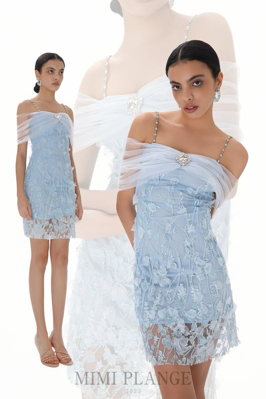 MIMI PLANGE Blue Lace One- shoulder Mini Dress