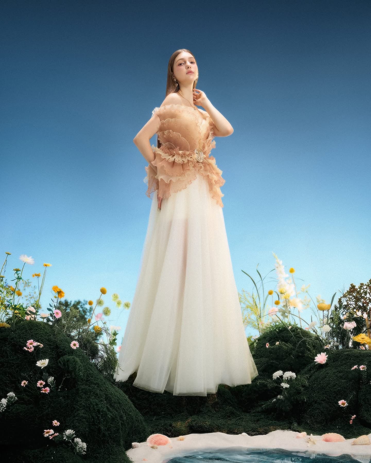 LINH PHUNG Elegant Fairycore Nude Sable Maxi Dress