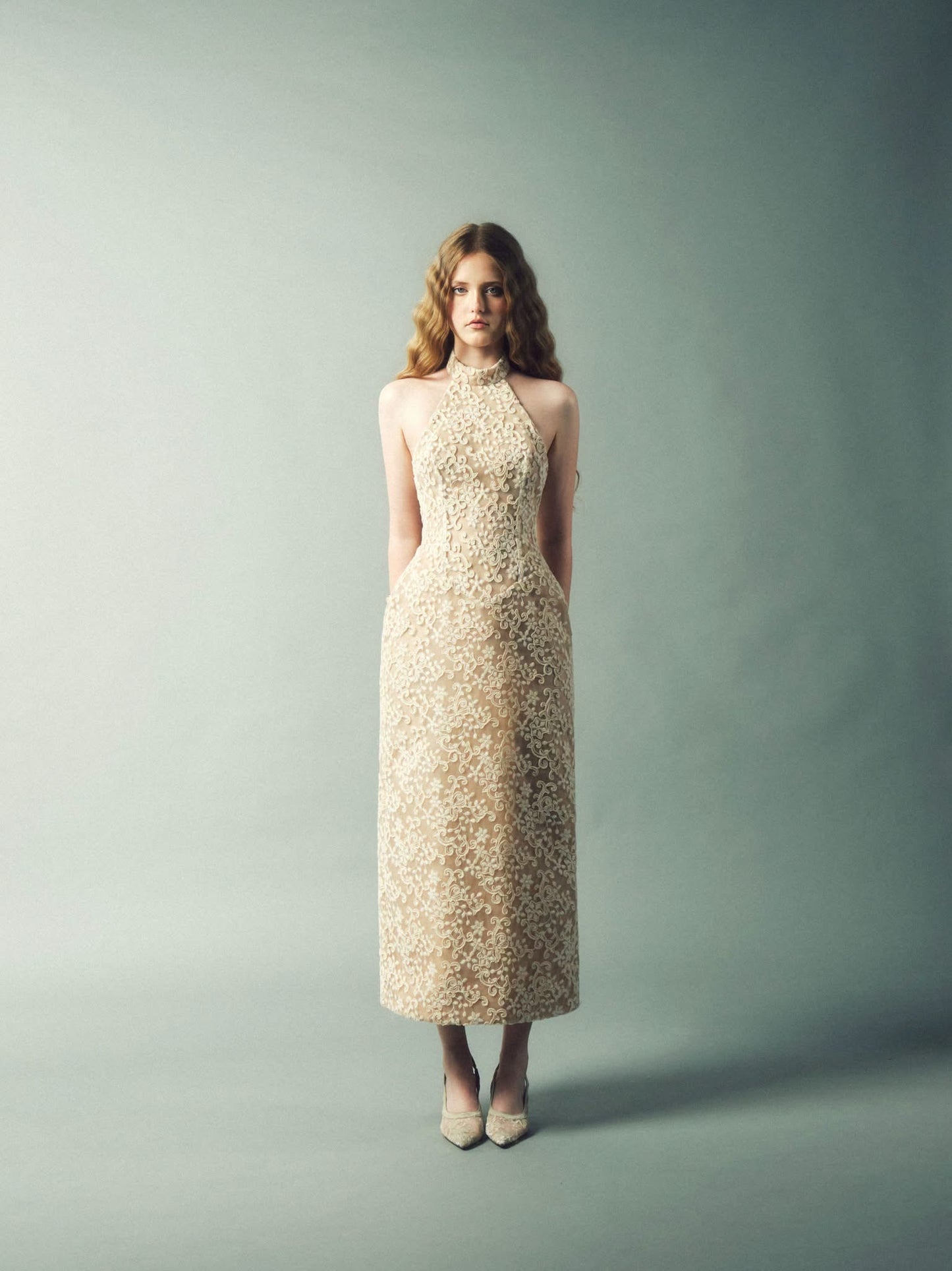DELICIAE Cream Lace Alaia Midi Dress