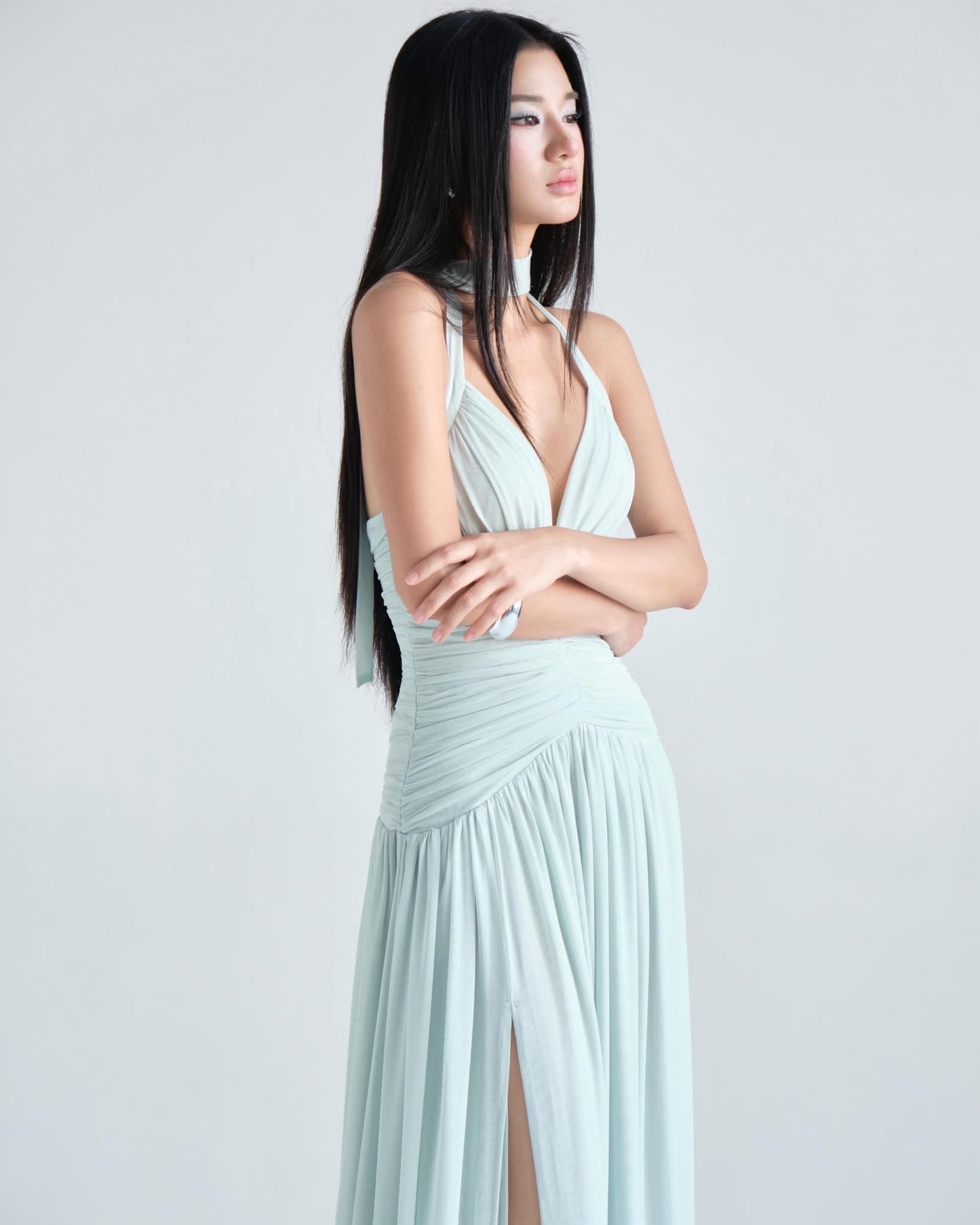 DELICIAE Blue Knit Posey Maxi Dress