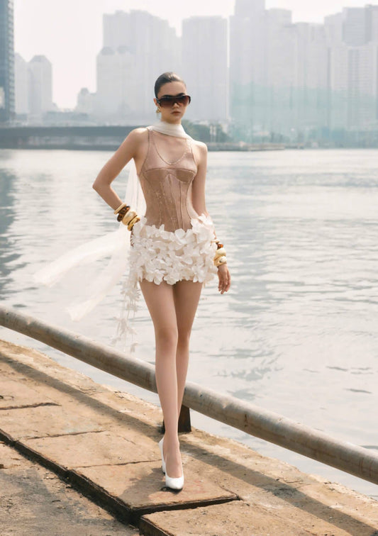 MAEL FEMME Nude Fallen Blossoms Mini Dress