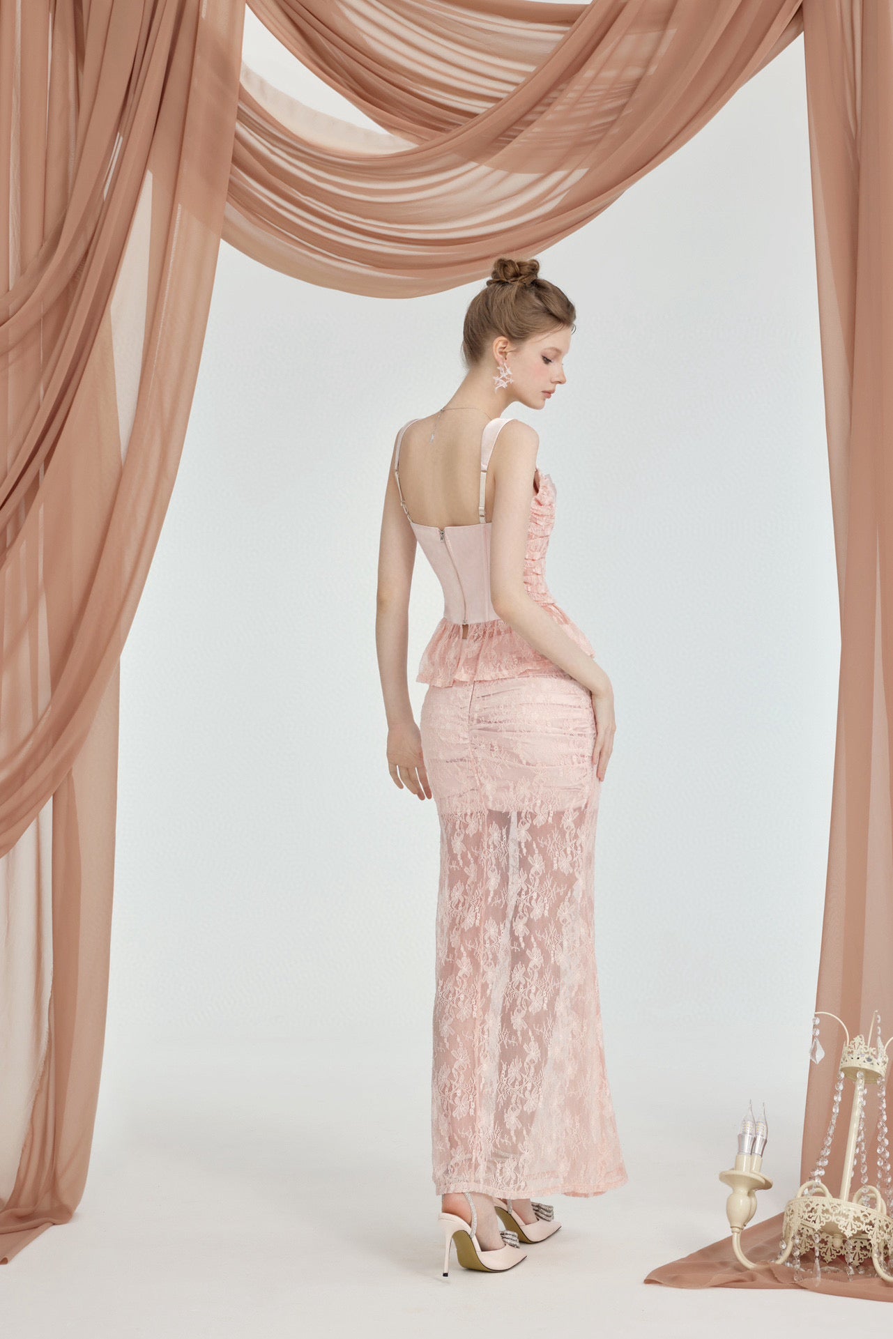 SHEER LUCK BROWN& PINK LACE TOP MAXI SKIRT