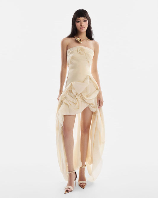 Cream Satin Strapless Floral Asymmetric Mini Dress