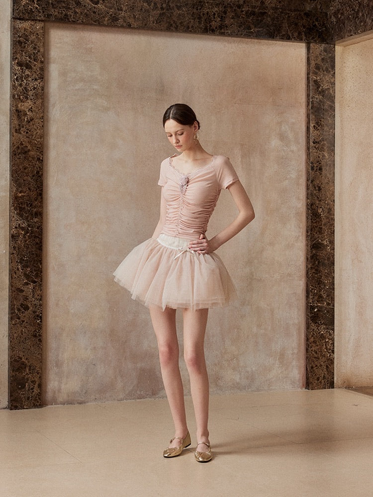 Fa sogno Pink Rose Top with Fishbone & Mini Skirt